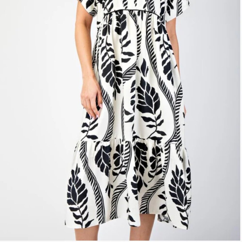 Rowan Boho Floral Black White Leaf Pattern Maxi Dress with Pockets SMALL NWT - Picture 3 of 10